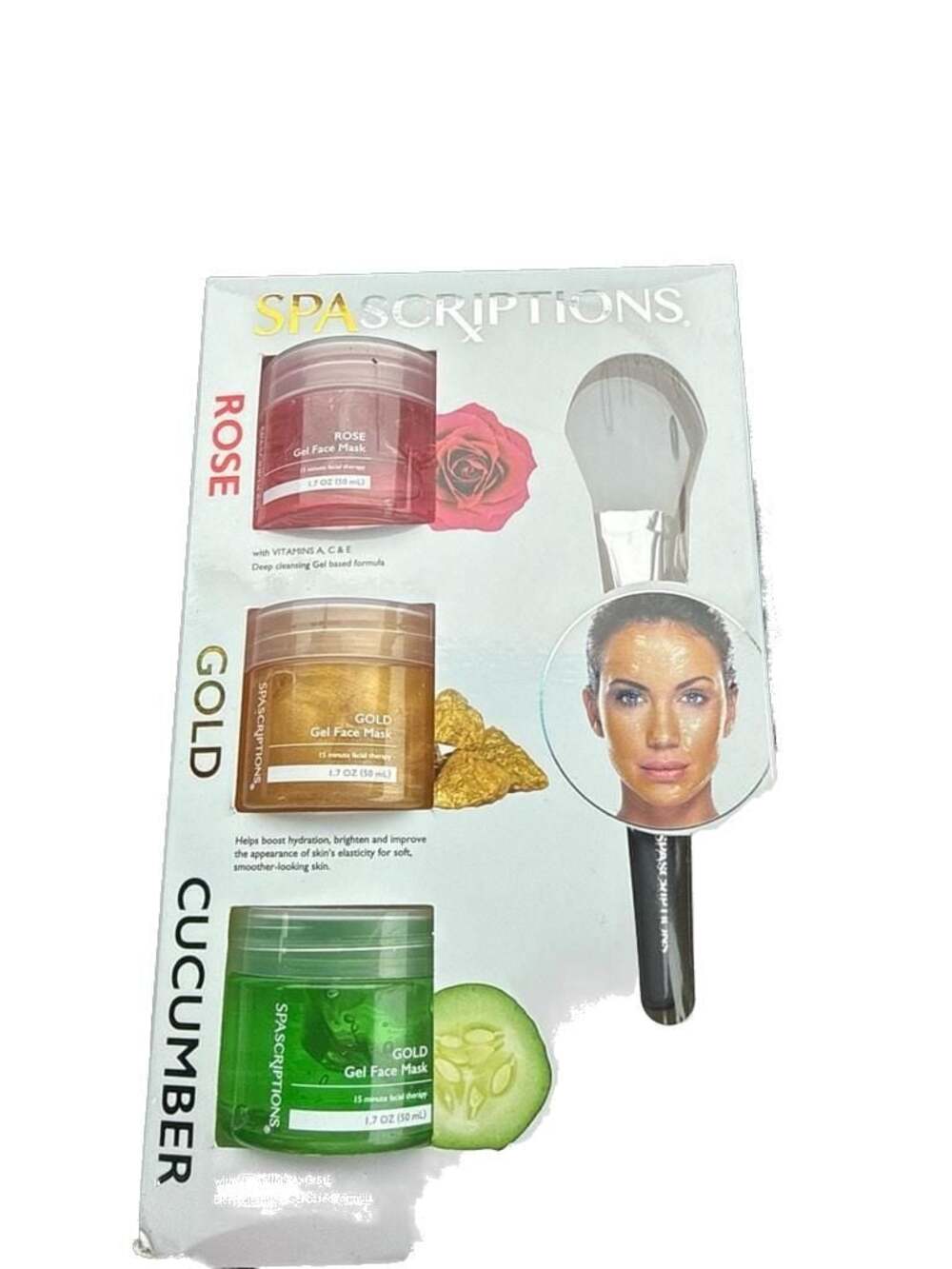 Spascriptions Gel Face Mask 3-Pack Set with Applicator - Rose, Gold, and Cucumbe